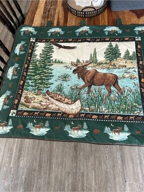 Woodland Moose Scenic Tapestry Quilt Window Panel in Green 42”x34”